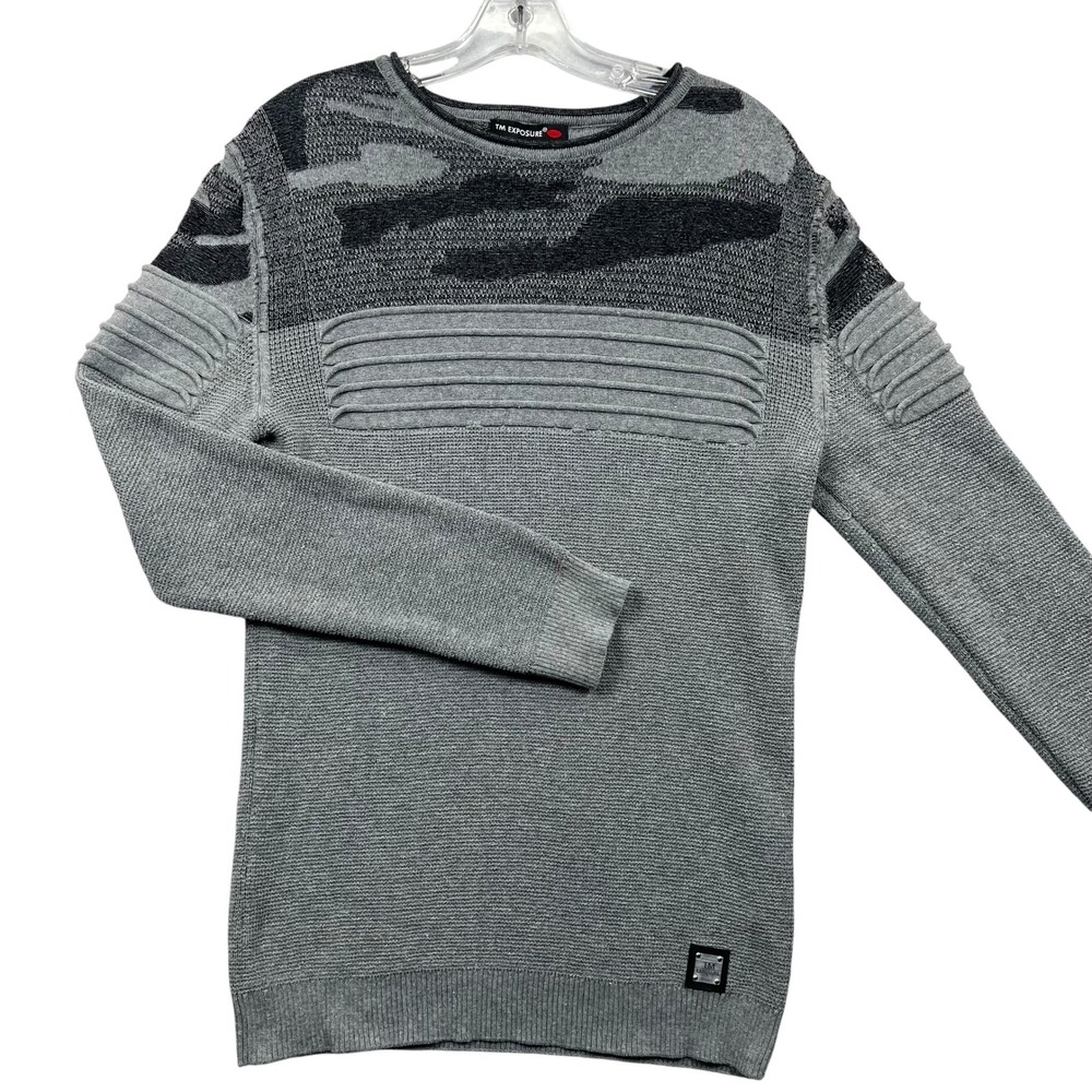 TM Exposure Sweater Mens L Grey Camo Moto Ribbed Knit Long Sleeve
